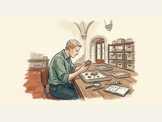 Arqueólogo examinando un fragmento de cerámica sobre una mesa de trabajo.