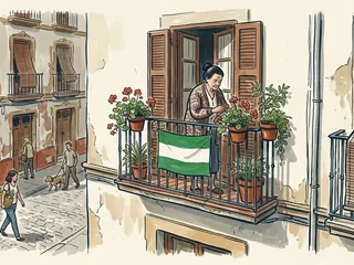 Una bandera de franjas verdes y blanca cuelga de un balcón con macetas.