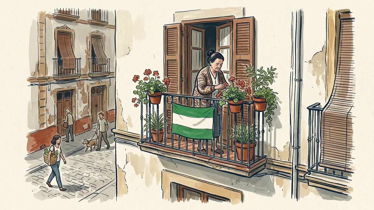 Una bandera de franjas verdes y blanca cuelga de un balcón con macetas.