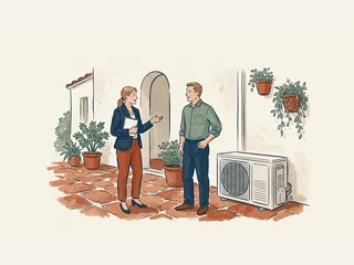 Dos profesionales conversan junto a la unidad exterior cerrada de una bomba de calor.