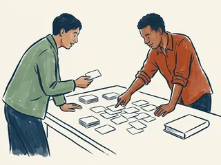 Dos personas ordenan tarjetas lisas sobre una mesa junto a un libro cerrado.