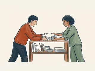 Dos personas colaboran para ordenar cuadernos y materiales de dibujo en un estante.