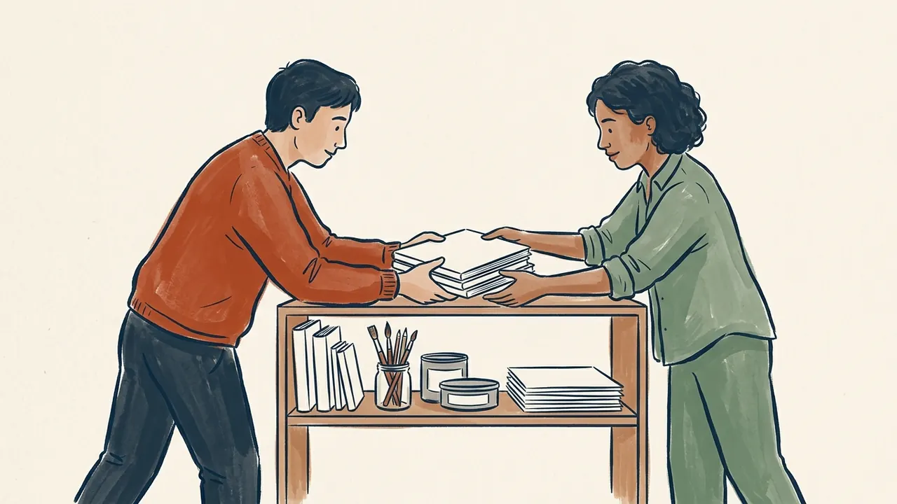 Dos personas colaboran para ordenar cuadernos y materiales de dibujo en un estante.