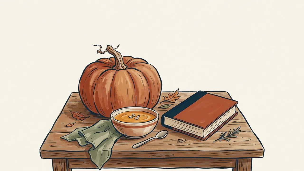 Una calabaza entera junto a un cuenco de sopa, una cuchara y un libro sin título.
