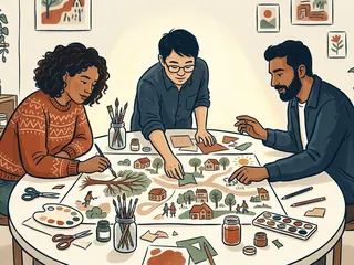 Tres personas crean juntas una invitación ilustrada para una actividad comunitaria.