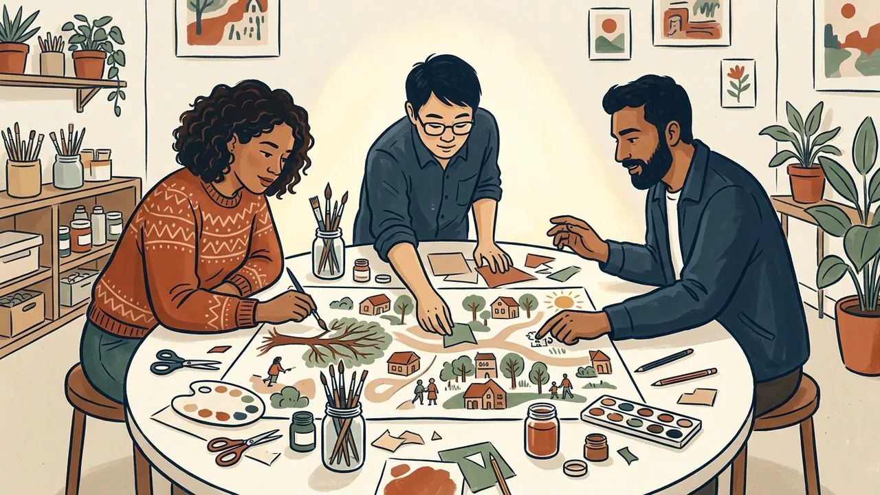 Tres personas crean juntas una invitación ilustrada para una actividad comunitaria.