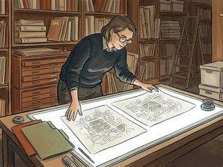 Persona comparando dos dibujos de una ciudad ficticia sobre una mesa de archivo.