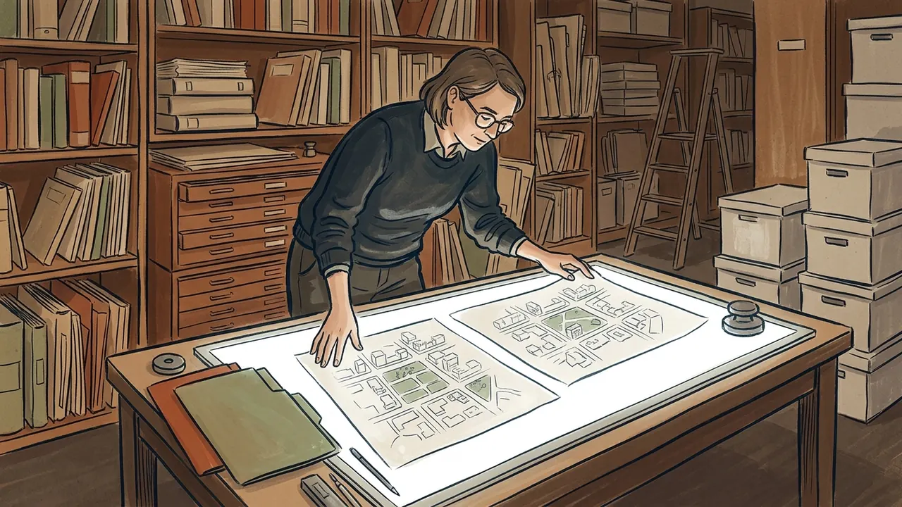 Persona comparando dos dibujos de una ciudad ficticia sobre una mesa de archivo.