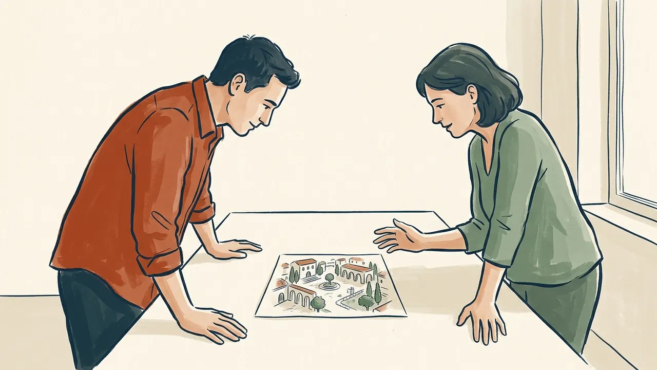 Dos personas observan un dibujo de una plaza mediterránea imaginaria sobre una mesa.