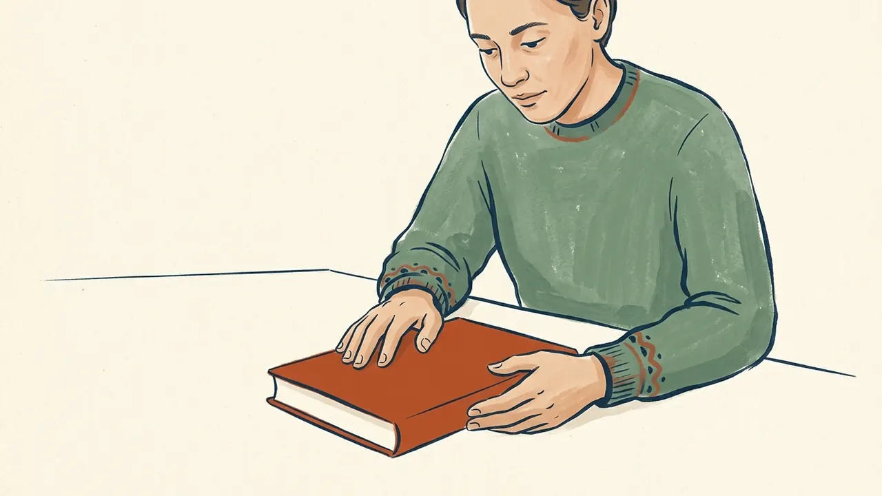 Una persona sostiene un libro cerrado de cubierta lisa sobre una mesa.