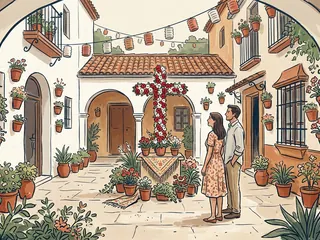 Dos personas contemplan una cruz decorada con flores en un patio andaluz ficticio.