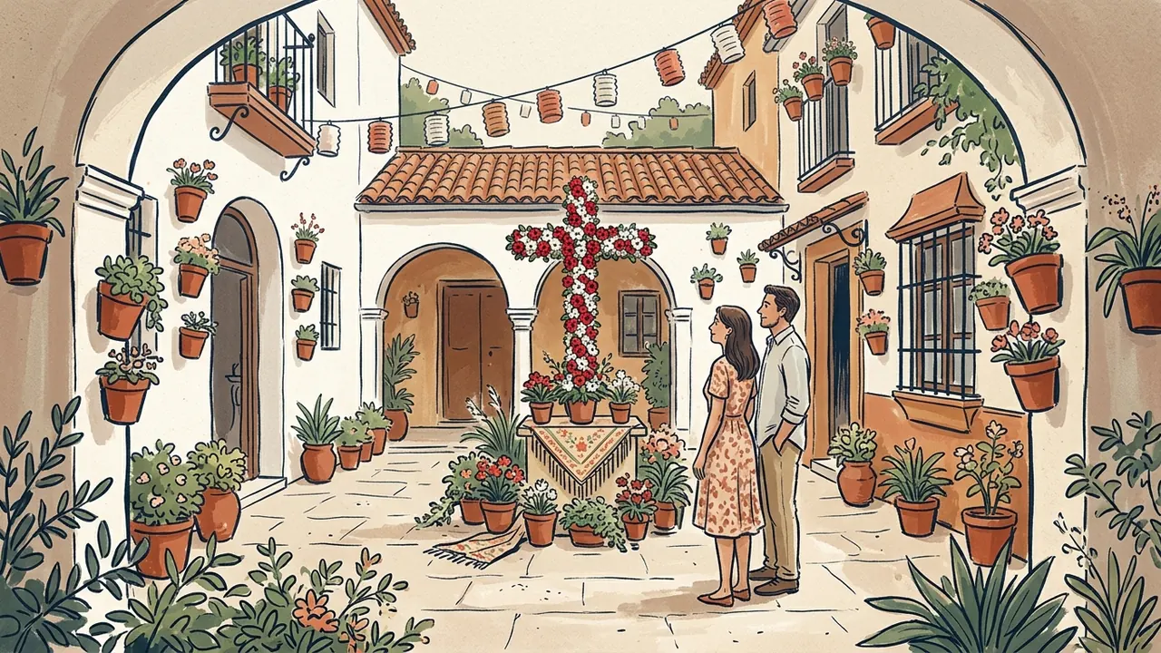 Dos personas contemplan una cruz decorada con flores en un patio andaluz ficticio.