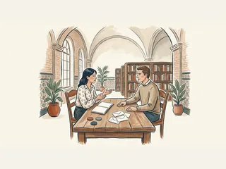 Dos adultos conversando sobre una libreta, sobres y fichas en un taller de biblioteca.