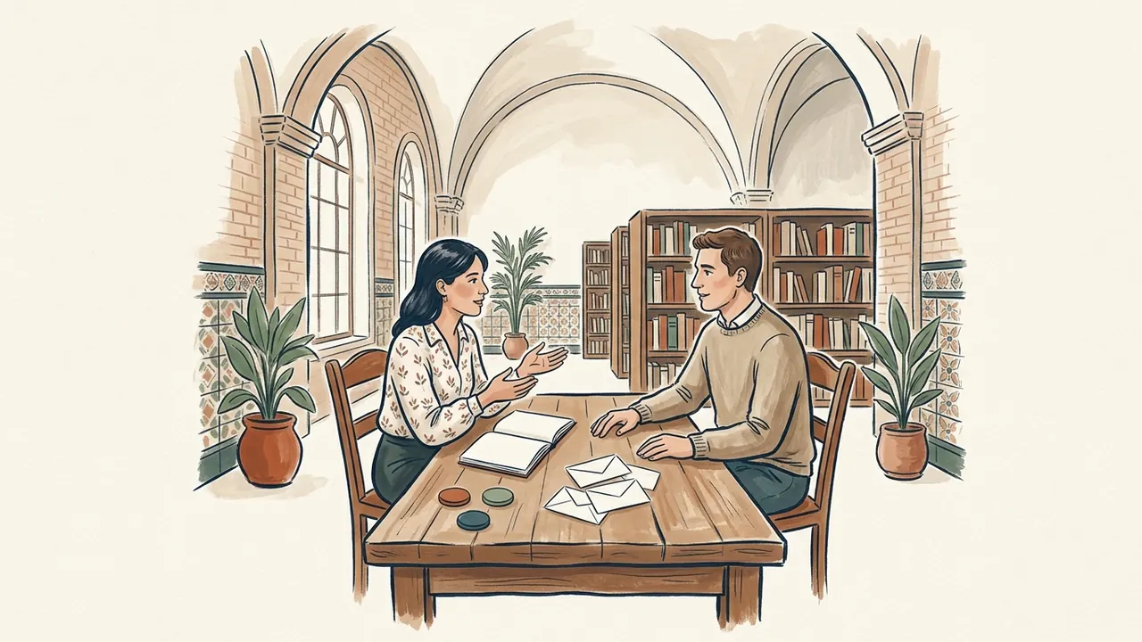 Dos adultos conversando sobre una libreta, sobres y fichas en un taller de biblioteca.