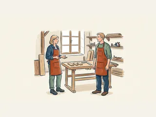 Una mujer y un hombre conversan junto a una mesa en un taller de carpintería.