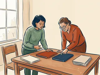 Dos personas adultas comparan carpetas de cubiertas lisas sobre una mesa.
