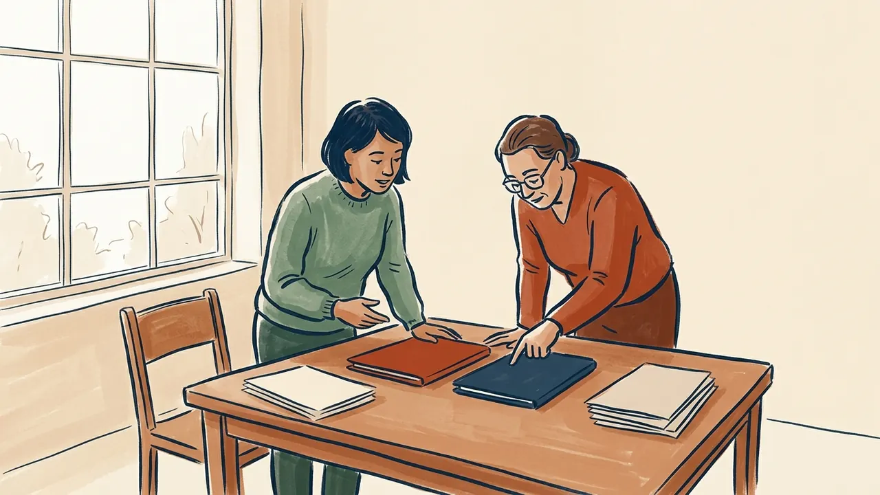 Dos personas adultas comparan carpetas de cubiertas lisas sobre una mesa.