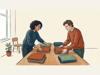Dos personas adultas ordenan carpetas de colores en una mesa.