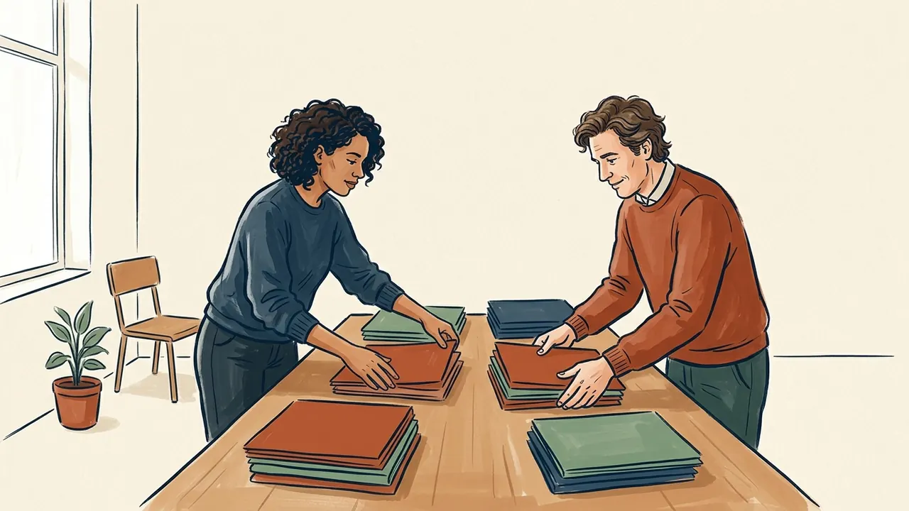 Dos personas adultas ordenan carpetas de colores en una mesa.