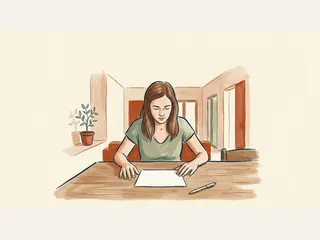 Mujer ante una tarjeta en blanco y un bolígrafo sobre una mesa de madera.