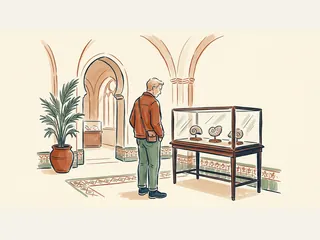 Visitante observando tres conchas fósiles en una vitrina de museo.