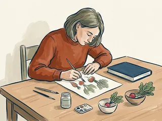Una persona pinta hortalizas en una lámina sobre una mesa con pinceles, un libro cerrado y dos cuencos.