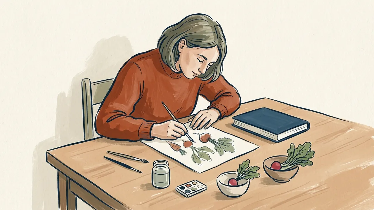 Una persona pinta hortalizas en una lámina sobre una mesa con pinceles, un libro cerrado y dos cuencos.