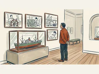 Una persona observa una maqueta de barco y láminas sobre trabajos marítimos en un museo.