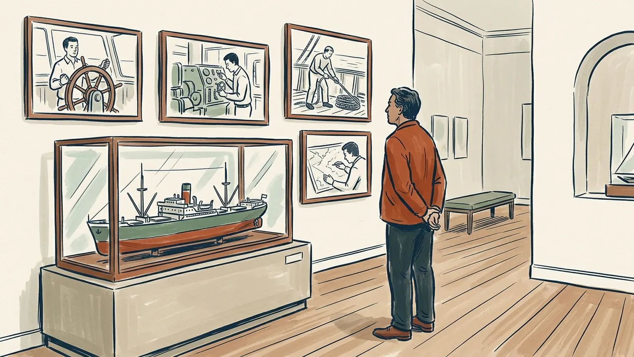 Una persona observa una maqueta de barco y láminas sobre trabajos marítimos en un museo.