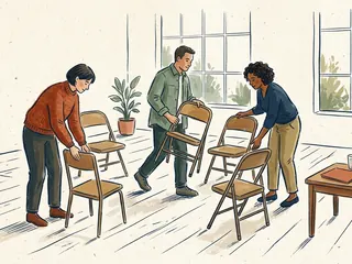Tres personas preparan un círculo de sillas en una sala luminosa.