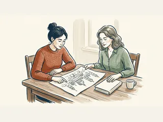 Dos mujeres observan un dibujo arquitectónico junto a un libro cerrado.