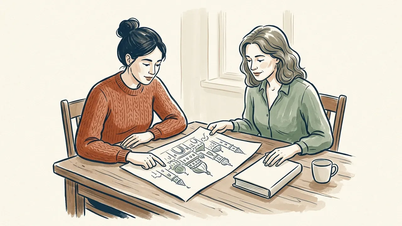 Dos mujeres observan un dibujo arquitectónico junto a un libro cerrado.
