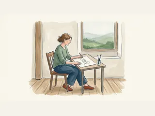 Ilustradora sentada ante una mesa de dibujo junto a una ventana con colinas verdes.