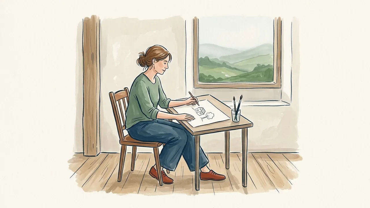 Ilustradora sentada ante una mesa de dibujo junto a una ventana con colinas verdes.