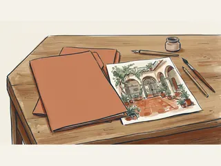 Carpetas cerradas y una ilustración de un patio con arcos y plantas sobre una mesa.