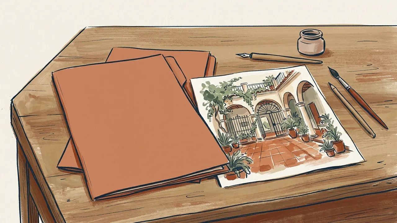 Carpetas cerradas y una ilustración de un patio con arcos y plantas sobre una mesa.