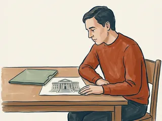 Una persona observa una lámina de un edificio de columnas junto a una carpeta cerrada sobre una mesa.