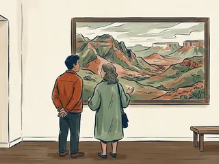 Dos personas contemplan un paisaje montañoso ilustrado en una sala cultural.