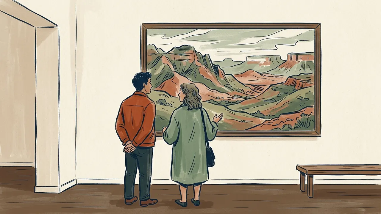 Dos personas contemplan un paisaje montañoso ilustrado en una sala cultural.