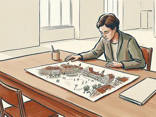 Una persona observa el dibujo de una plaza imaginaria sobre una mesa.