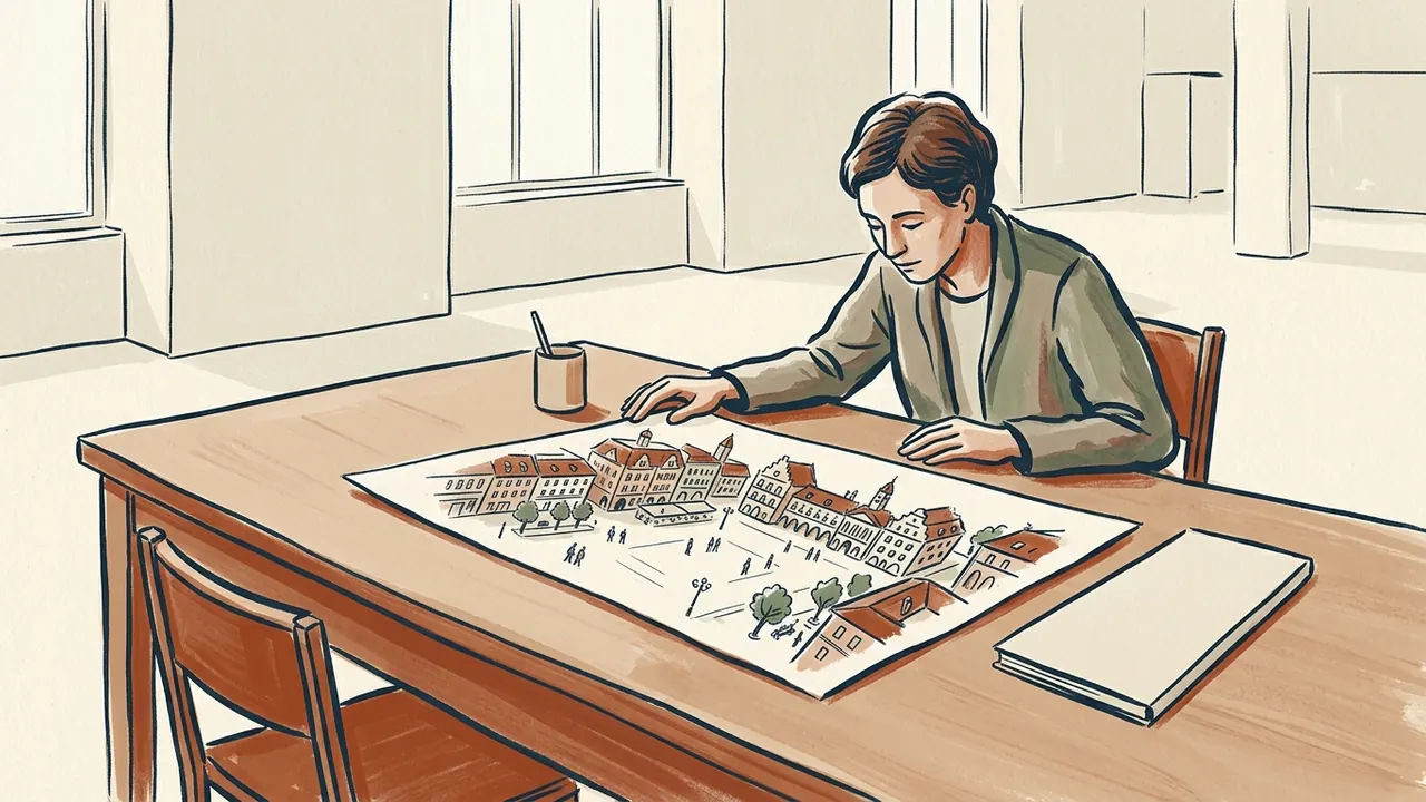 Una persona observa el dibujo de una plaza imaginaria sobre una mesa.