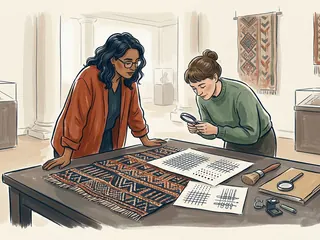 Dos personas observan un tejido y dibujos de su trama en una mesa de museo ficticio.