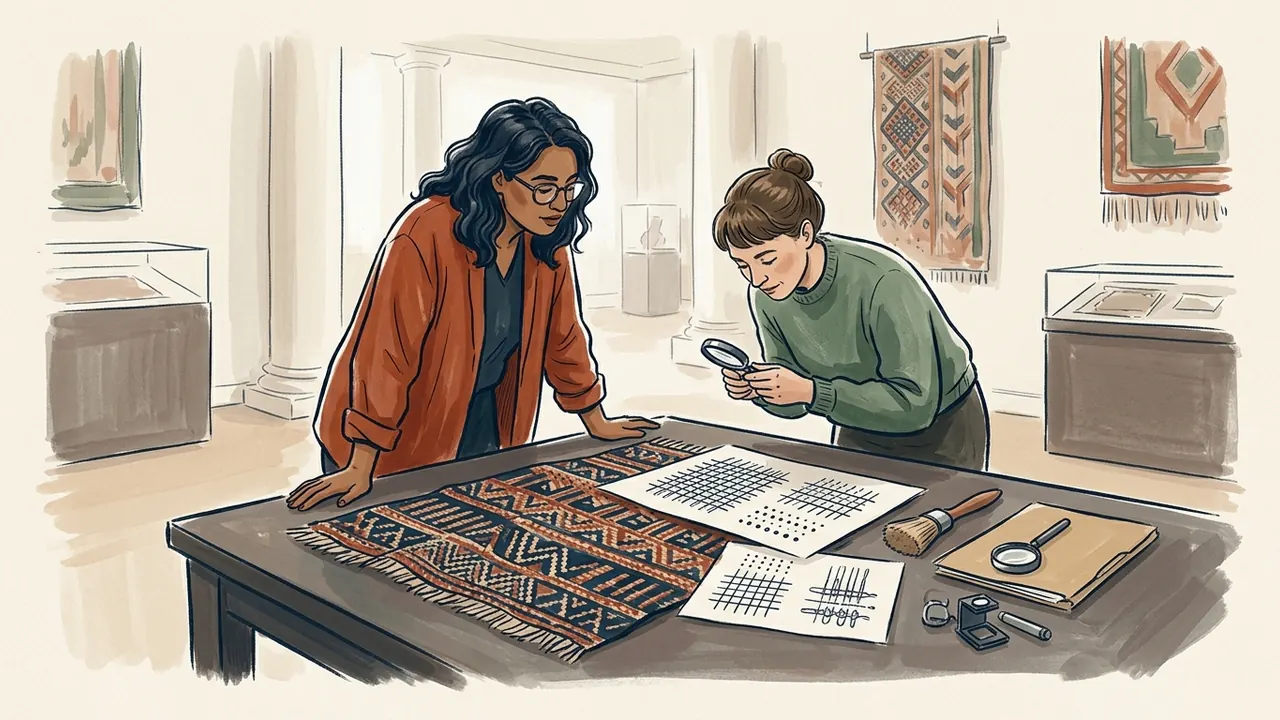 Dos personas observan un tejido y dibujos de su trama en una mesa de museo ficticio.