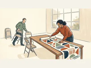 Dos personas preparan sillas y una lámina geométrica para un encuentro.