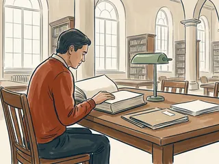 Una persona consulta un libro en una biblioteca, junto a carpetas cerradas.