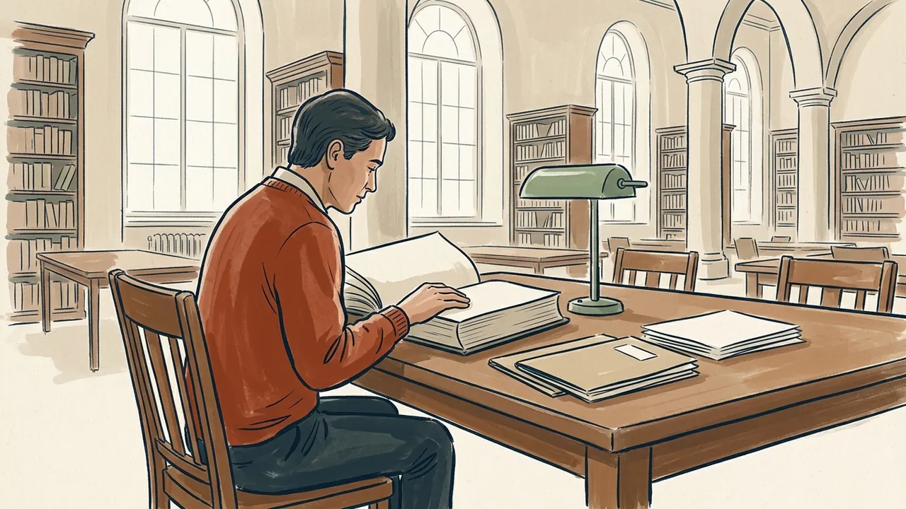 Una persona consulta un libro en una biblioteca, junto a carpetas cerradas.