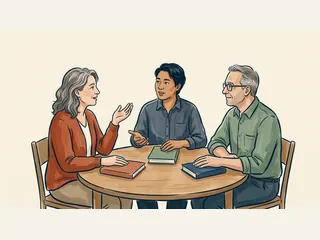 Tres personas conversan sobre libros cerrados alrededor de una mesa.