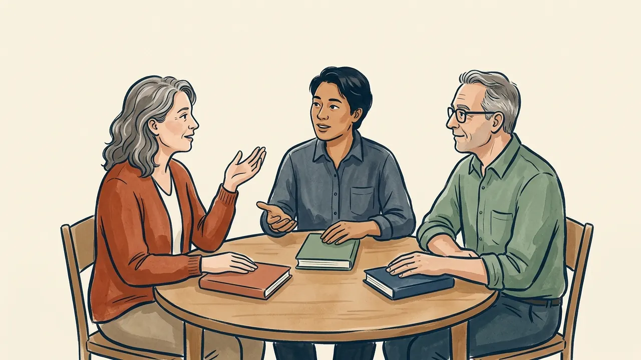 Tres personas conversan sobre libros cerrados alrededor de una mesa.