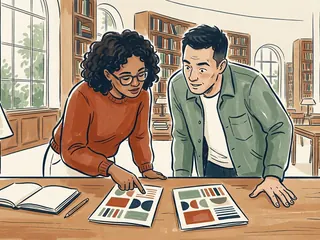 Dos personas comparan folletos con formas geométricas en una biblioteca.