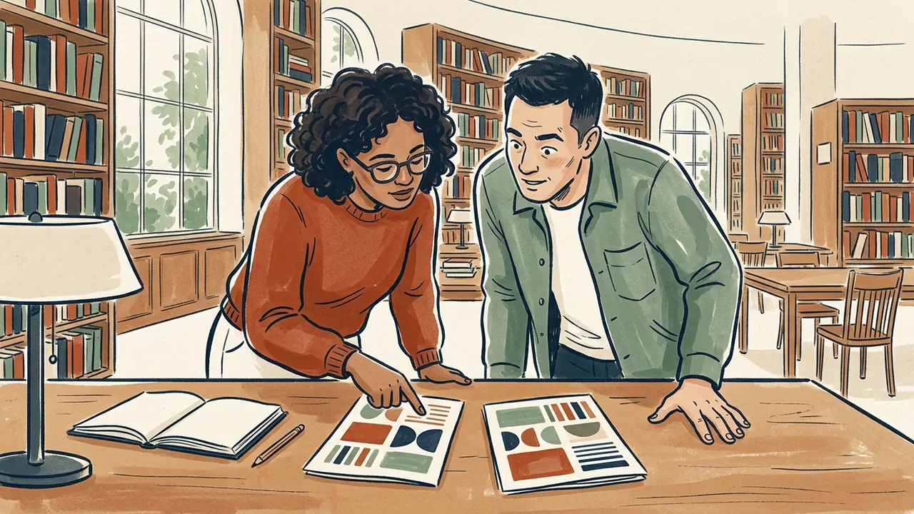 Dos personas comparan folletos con formas geométricas en una biblioteca.